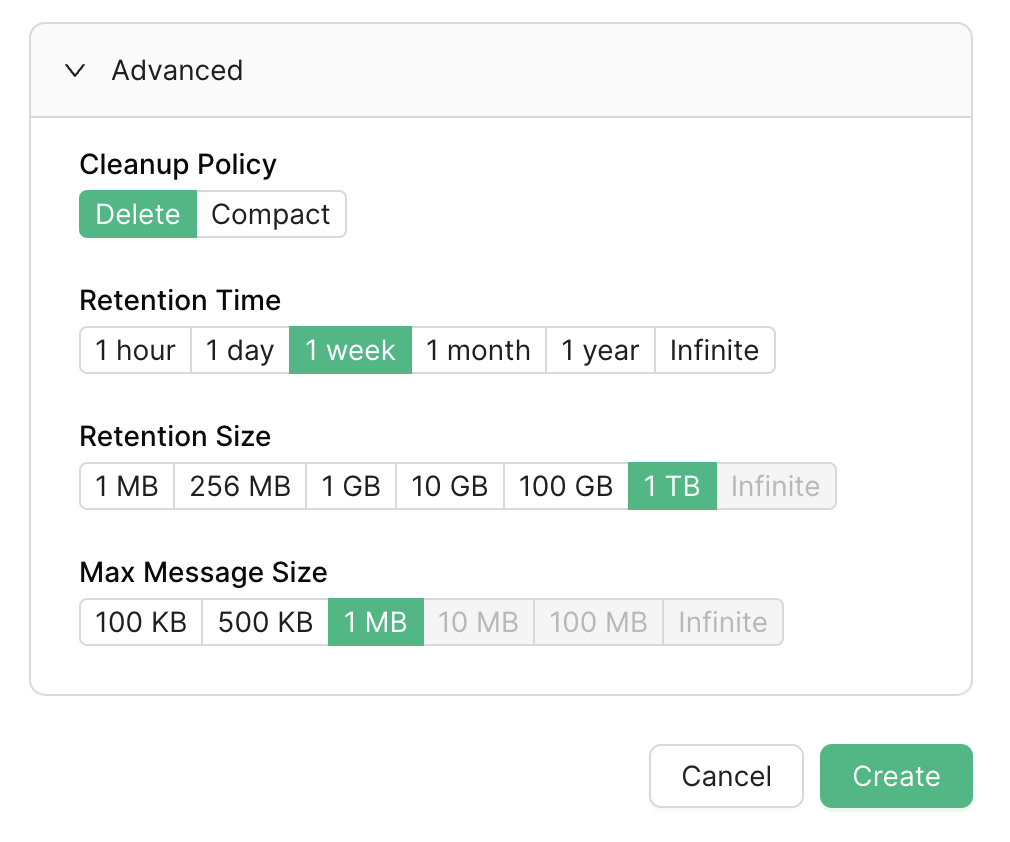 The Upstash console, configuring a topic with a cleanup policy of delete